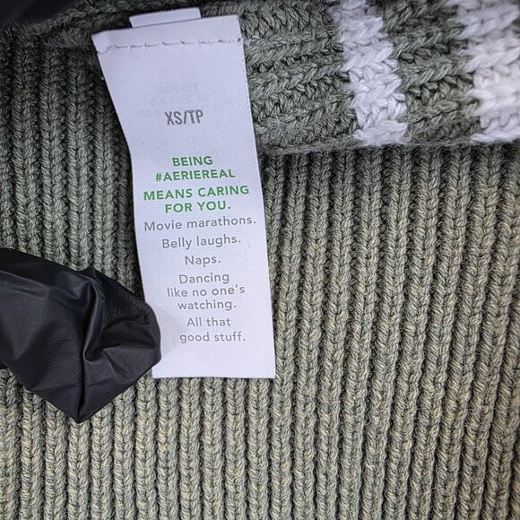 Aerie Sweater Womens XS Green White Stripe V Neck Balloon Sleeve Pullover Knit - Picture 5 of 10